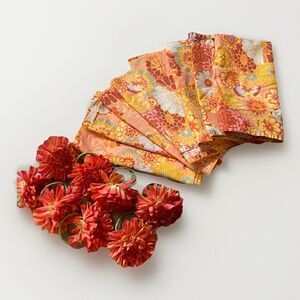 Floral Cloth Napkin & Ring Set 8 Yellow Orange Pink Retro Groovy Tiki Tropical